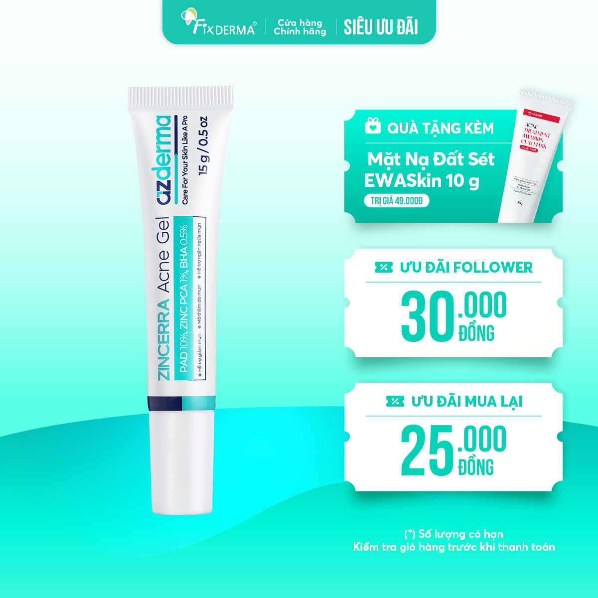 Gel giảm mụn Azderma Zincerra Acne Gel 15g Gel giảm mụn Azderma Zincerra Acne Gel 15g