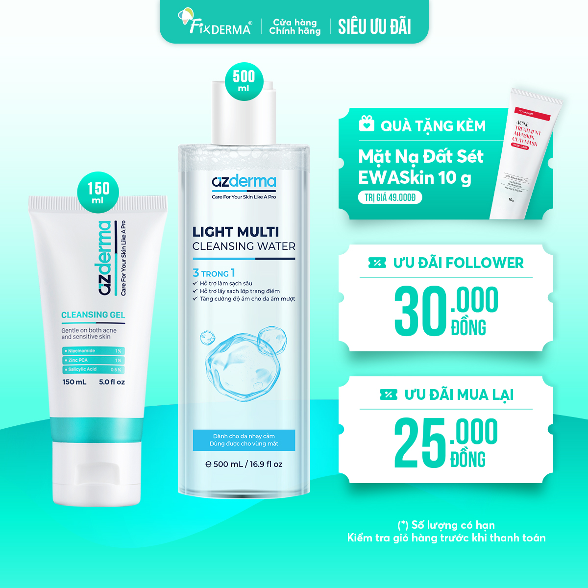 Combo làm sạch Azderma Light Multi Cleansing Water 500mL & Cleansing Gel 150mL Combo làm sạch Azderma Light Multi Cleansing Water 500mL & Cleansing Gel 150mL